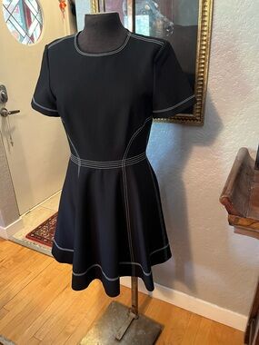 cinq a sept Black Fit-and-Flare Dress with White Topstitching
